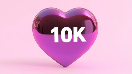 3D Glossy Metallic Pink Heart With 10K Text Concept of Love, Social Media Achievement, Followers