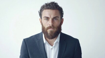 Confident bearded man in suit showcasing modern professionalism against a neutral background