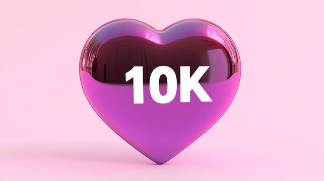 3D Glossy Metallic Pink Heart With 10K Text Concept of Love, Social Media Achievement, Followers