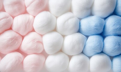 Soft Fluffy Cosmetic Cotton Balls in Baby Pink, Blue, and White Colors - Face Care Texture Backdrop for Skincare Theme, Generative AI