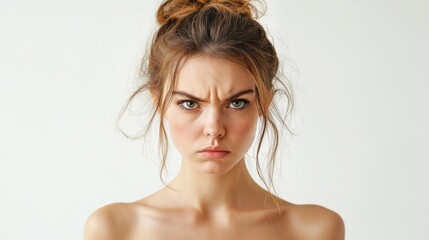 Naklejka premium Serious shirtless woman with an intense expression against a white background looking directly at the camera with neutral emotions