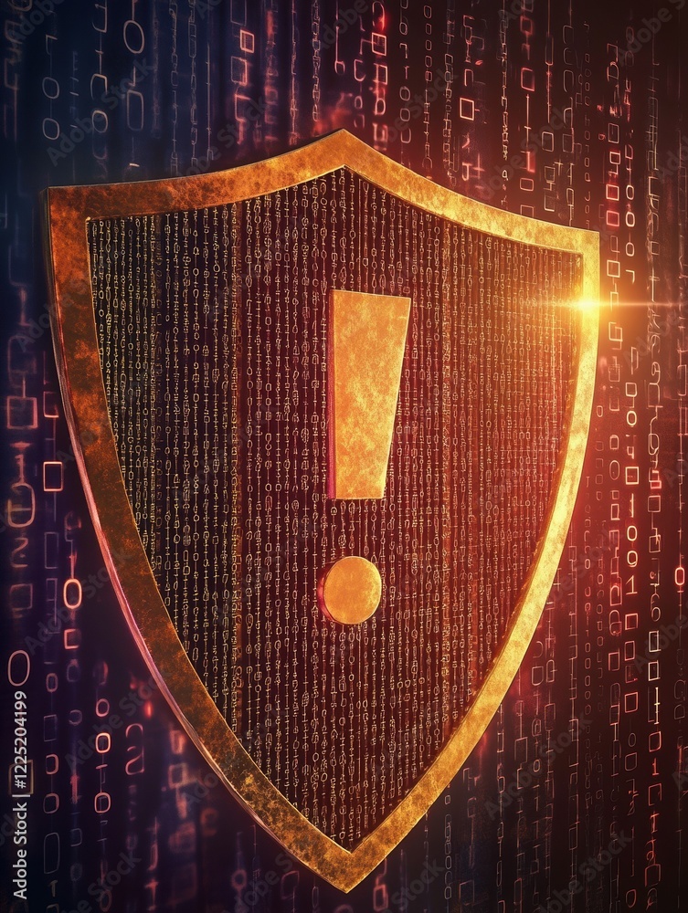 Poster digital shield with an exclamation mark symbolizing cybersecurity alert or data protection warning i