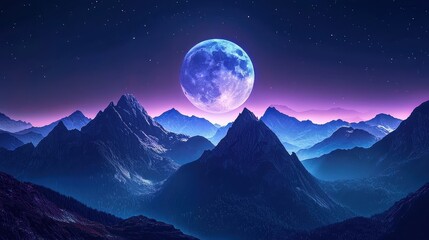 Serene Night Landscape with Full Moon Over Majestic Mountains