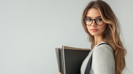 Portrait of confident female teacher holding folders and looking at the camera against a light background in a professional setting