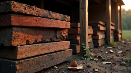 Rustic Wooden Planks Stacked Outdoors at Sunset, Near a Simple Wooden Structure