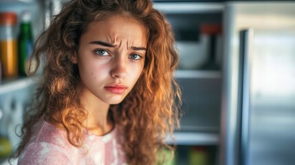 Unhappy girl with curly hair looks disappointed near an empty fridge highlighting food scarcity and emotional distress.