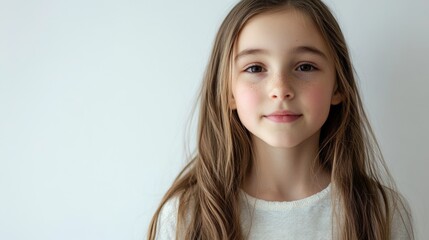 Fototapeta premium Portrait of a cheerful young girl with long hair against a clean white background showcasing innocence and youthful joy.