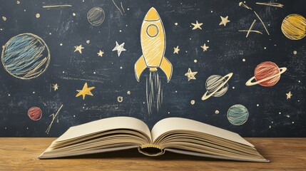 Naklejka premium Open Book with Chalkboard Space Theme, Representing Imagination and Exploration