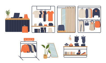 Clothes fashion boutique store interior with female apparel trendy outfit rack, shelves with shoes