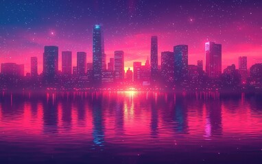 Fototapeta premium Glowing Neon Skyline Reflection in Dreamy Night Cityscape