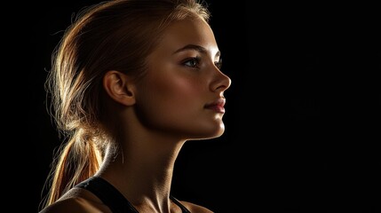 Fototapeta premium Fitness woman profile portrait with elegant lighting against a dark background showcasing strength and beauty in health and wellness concept.