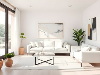 A minimalist living room with a white sofa, glass coffee table, plants, and abstract art, creating a calm space