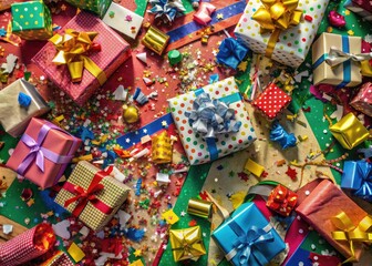 Fototapeta premium Drone captures festive unwrapping: holiday cheer, Christmas gifts, aerial perspective.
