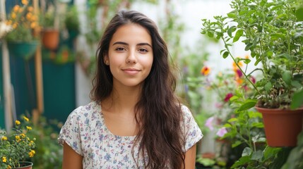 Young woman smiling in her garden surrounded by vibrant plants reflecting a joyful and nurturing lifestyle with ample copy space.