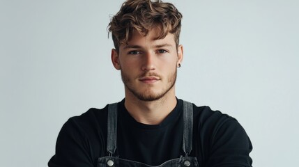 Fototapeta premium Young foreman portrait with modern hairstyle and overalls showcasing confidence and professionalism against a minimalistic background.