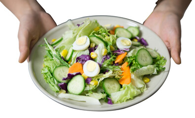 A lot of vegetable salad is held in one hand on a white ceramic plate