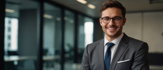 Fototapeta premium Smiling young executive wearing glasses and a sharp suit, posing confidently with arms crossed in a modern