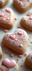 砂糖がまぶされたハート型クッキーが並ぶ、美しく華やかなバレンタインデザイン。generative ai