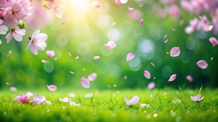 Obraz premium Soft pink sakura petals falling gently on a green grassy background, creating a serene and peaceful atmosphere
