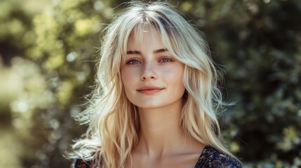 Young blonde woman with a radiant smile poses outdoors in a summer setting, showcasing natural beauty and fashion elegance in soft lighting.
