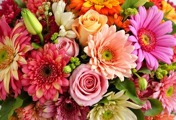 Vibrant bouquet of roses and gerbera daisies in full bloom