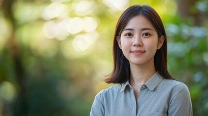 Portrait of a confident young Asian woman in a green outdoor setting showcasing natural beauty and professionalism.