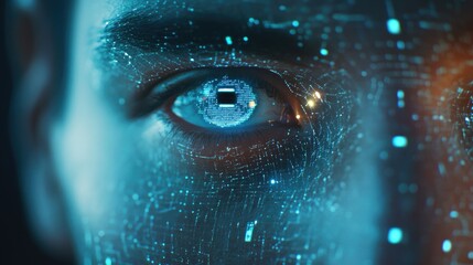Futuristic biometric scanning and digital identity security with holographic technology in a close-up of a human eye and facial recognition software