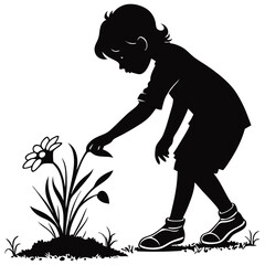 a child planting a flower silhouette vector design art and illustration