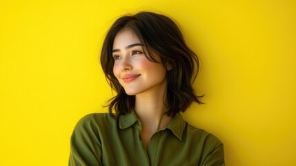 Fototapeta premium Smiling young brunette Asian woman in green shirt against bright yellow background showcasing joy and charm in a vibrant studio portrait.