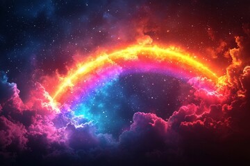 Fototapeta premium Breathtaking Neon Rainbow Arching Across a Cosmic Starry Sky with Glowing Clouds