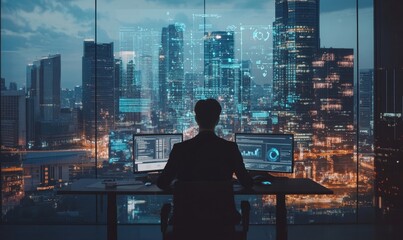 Business Professional Analyzing Data for B2B Marketing Strategies and Digital Commerce in Modern Office with Concept of Supply Chain and E-Commerce, Generative AI