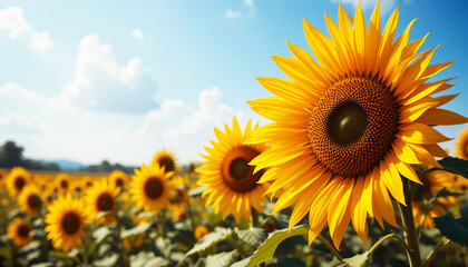 Vibrant Sunflower Field Under Clear Blue Sky