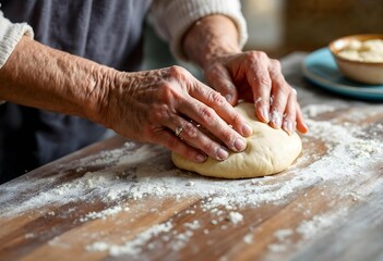 Elderly caucasian female kneading dough on floured wooden surface in kitchen