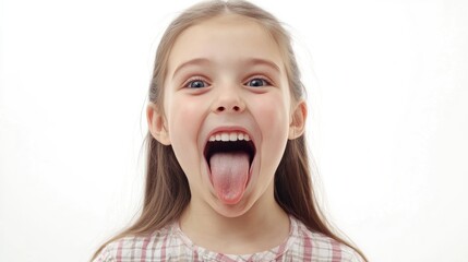 Girl with long tongue expressing surprise and joy against white background showcasing human emotions for marketing and advertising use