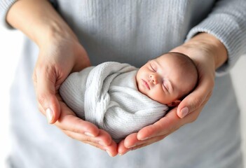 Newborn baby wrapped in blanket held by caucasian female adult hands