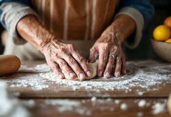Elderly caucasian female preparing dough on a wooden surface in a cozy kitchen setting