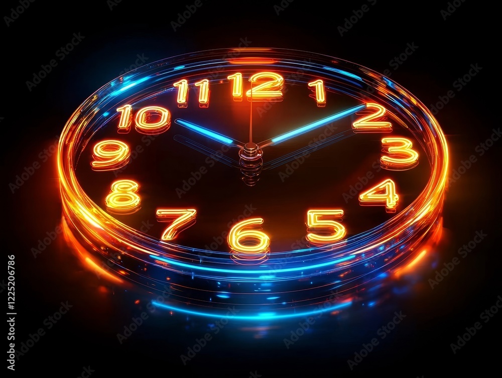 Poster mesmerizing neon clock face with pulsating light rings on dark gradient background