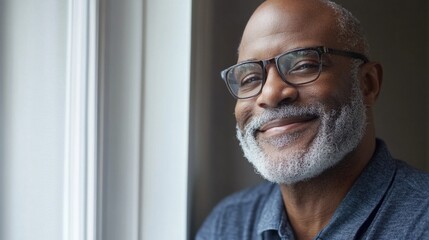 Smiling senior man with glasses gazing thoughtfully out a window in a cozy indoor setting