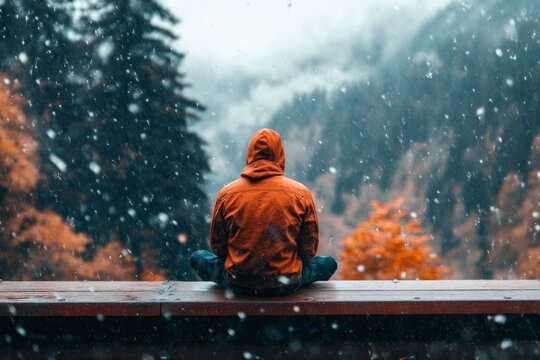 A man sitting on a train, staring out the window at a blurred landscape, his reflection in the glass looking somber