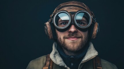 Aviation enthusiast in vintage gear featuring aviator cap and goggles against a dark background with ample space for text and branding.