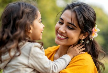 Smiling hispanic mother and child sharing a joyful moment outdoors
