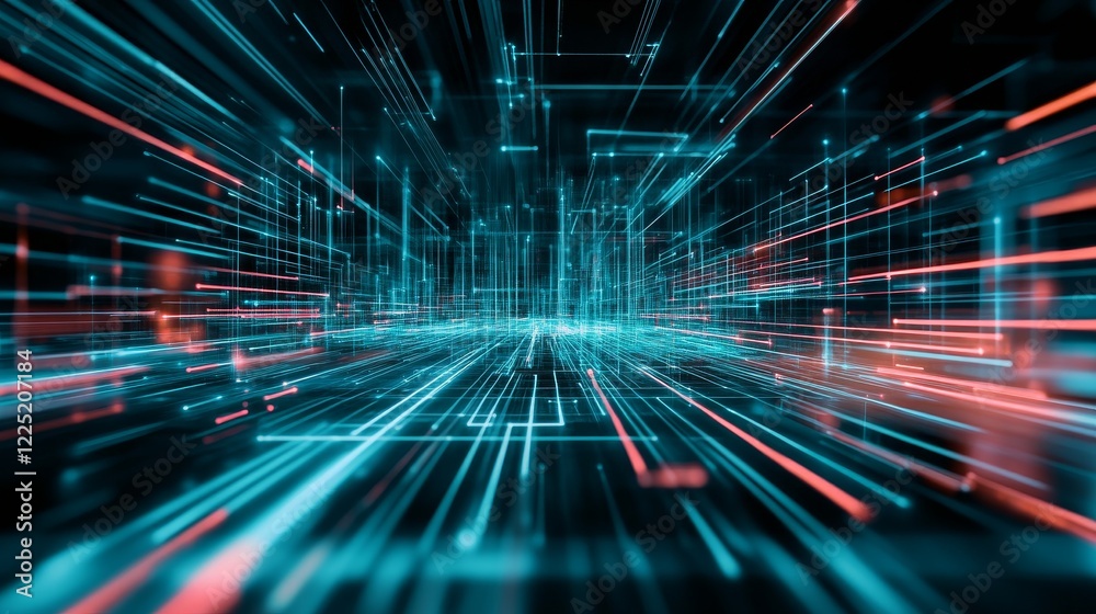 Poster abstract representation of digital data flow with vibrant blue and red lines creating a sense of spe