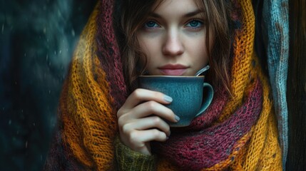 Woman in cozy shawl sipping hot beverage with a contemplative expression against a warm, inviting backdrop.