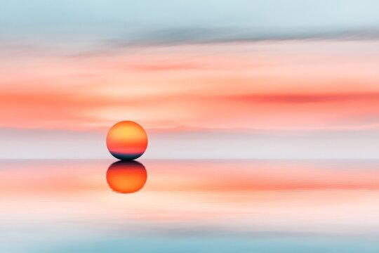 A minimalist illustration of a sun setting over calm waters, with smooth gradients of orange and purple symbolizing peace and contentment