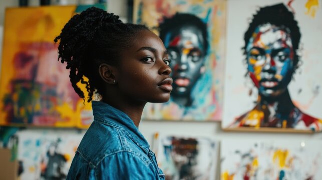 Young black artist posing in studio surrounded by vibrant artwork showcasing creative expression and talent.