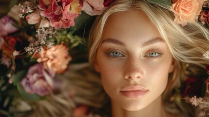 Naklejka premium Beauty portrait of young woman with blonde hair adorned with floral wreath surrounded by colorful flowers in a studio setting.