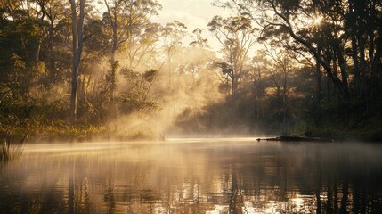 Misty sunrise over tranquil river in lush forest.