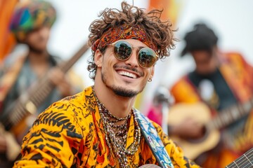 A musician playing an upbeat tune on a guitar, their joyful expression reflecting their optimism and love for their art