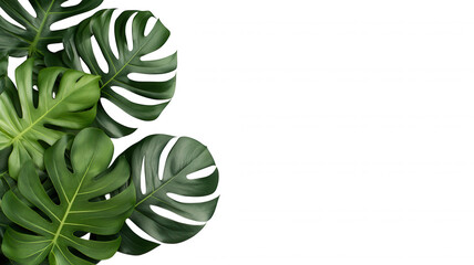 Lush green monstera leaves arranged on a black background, highlighting their unique split shapes and vibrant coloration.