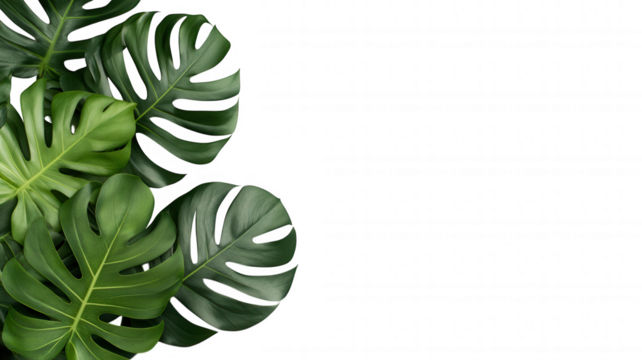 Lush green monstera leaves arranged on a black background, highlighting their unique split shapes and vibrant coloration.